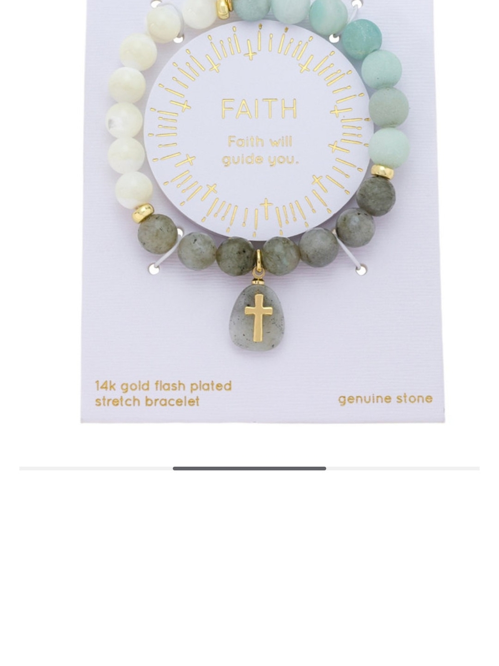 Faith Genuine Stone Stretch Bracelet - Mint Green & Gray with Gold Cross
